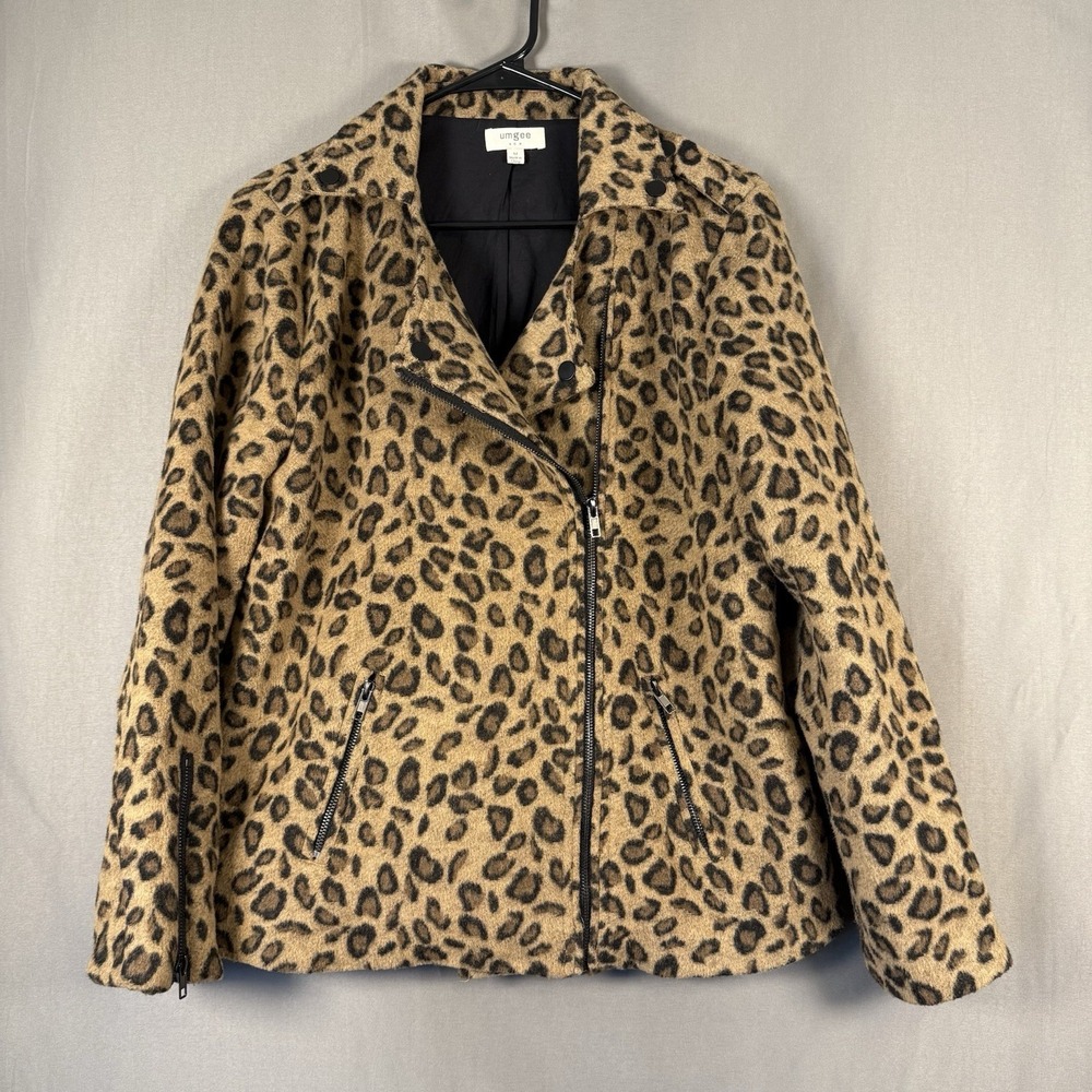 Umgee Leopard Print Moto Style Jacket Fuzzy Soft Punk Goth Zippers Medium
